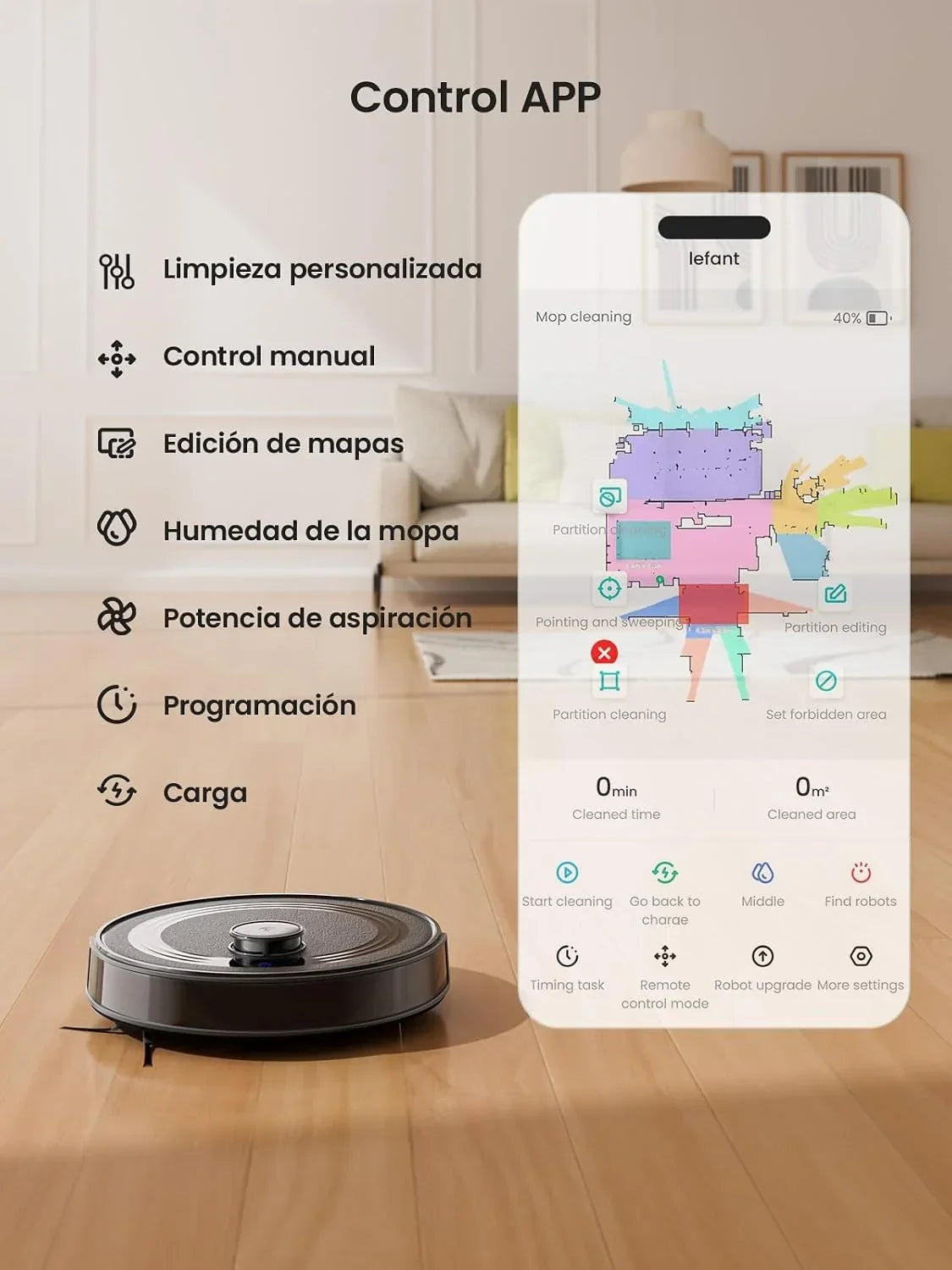Lefant M2 Robot Aspirador y Fregasuelos 2 en 1, 6000Pa, 160min Automático, Navegación Láser, Evitación PSD, Limpieza Personalizada, Ideal para Limpiar Pelo de Mascotas y Suelos Duros