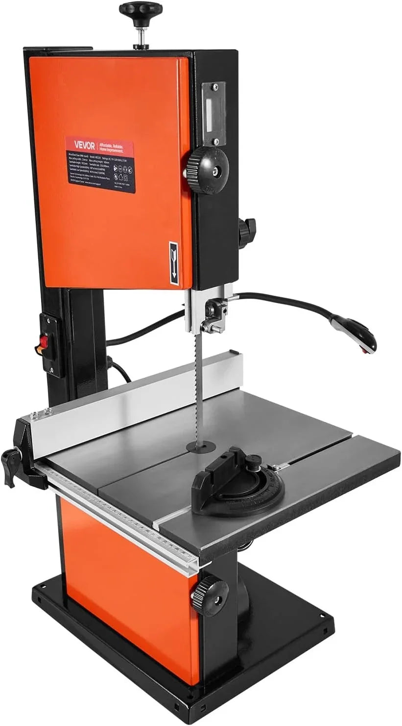 VEVOR Sierra de Cinta, Ancho de Corte de 254 mm, 2 Velocidades, Motor de 373 W, Altura de Corte de 160 mm, Mesa de Hierro Fundido de 335 x 340 mm, Luz de Trabajo de 360 Grados, para Carpintería