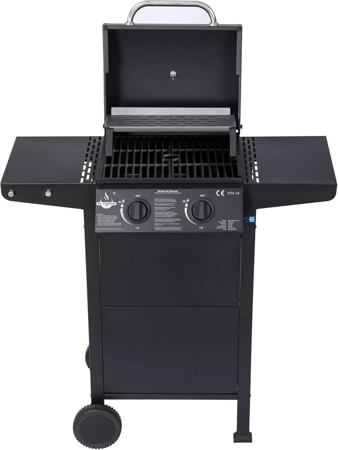 Grill gazowy "San Jose 2 palniki" firmy El Fuego®, w zestawie wąż gazowy i reduktor ciśnienia, ruszt do grillowania z żeliwa, z termometrem i dużymi półkami bocznymi, grill BBQ | AY0204