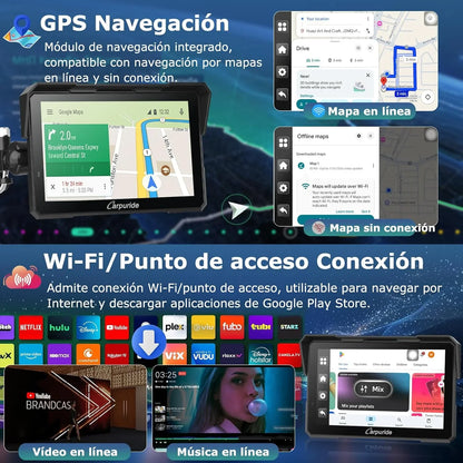 Carpuride W702 Plus Android 14 Motocicleta Carplay Pantalla con Doble Cámara, CarPlay y Android Auto Inalámbricos,7" Pantalla Táctil Impermeable, Audio BT,Grabación Bucle, Navegación Online y Offline.