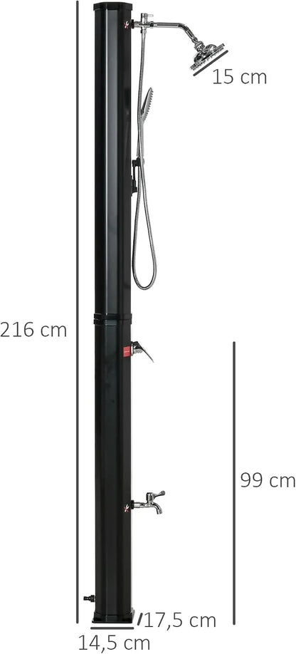 Outsunny Ducha Solar de Exterior 35 L con 2 Cabezales de Ducha y Grifo para Agua Caliente 0-55℃ Ducha de Jardín para Piscina Playa Patio 17,5x14,5x216 cm Negro