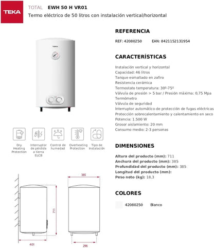 Teka EWH 50 H VR01 – Electric Flask, Capacity 50 L, Vertical and Horizontal Installation, White
