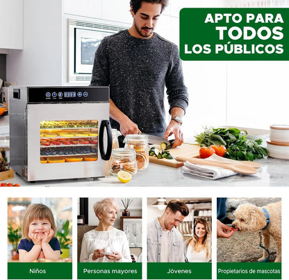 Kwasyo Deshidratador de Alimentos Acero Inoxidable Libre de BPA, Deshidratadora de Frutas y Verduras con Pantalla LCD, Temperatura 30-90℃, Temporizador, Hierbas, Nueces, Yogurt, 8 Bandejas, 500W