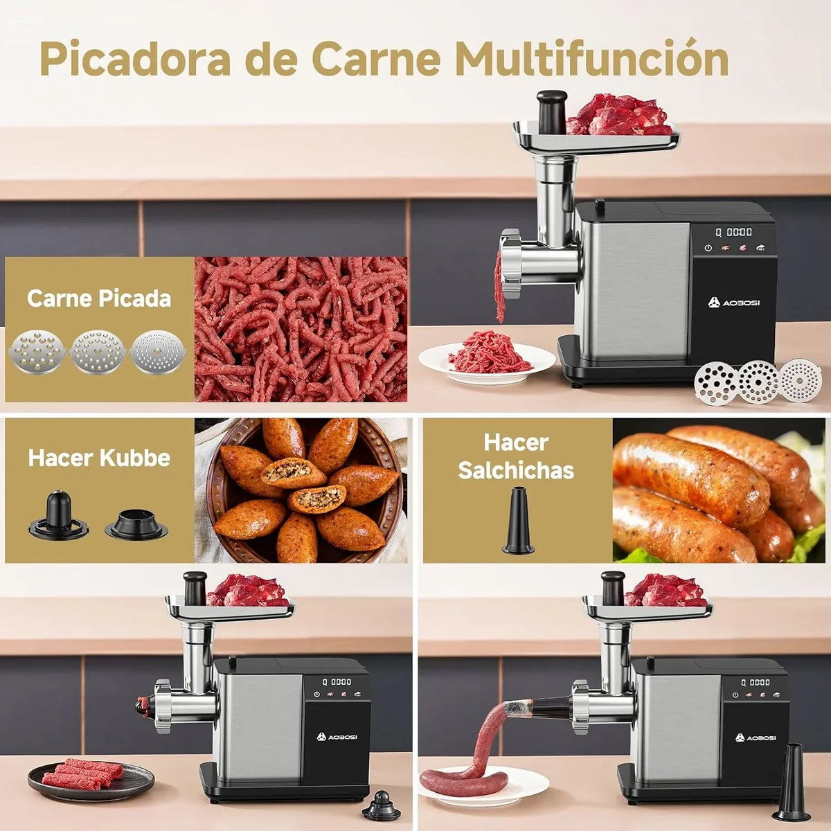 AAOBOSI Picadora De Carne Eléctrica [3000W MAX] Con Pantalla LED, 3 Velocidades, Picadora De Carne Con Sistema Anti-Atascos,Almacenamiento Integrado, Puede Hacer Salchichas & Kibbe, Ideal Para Hogar