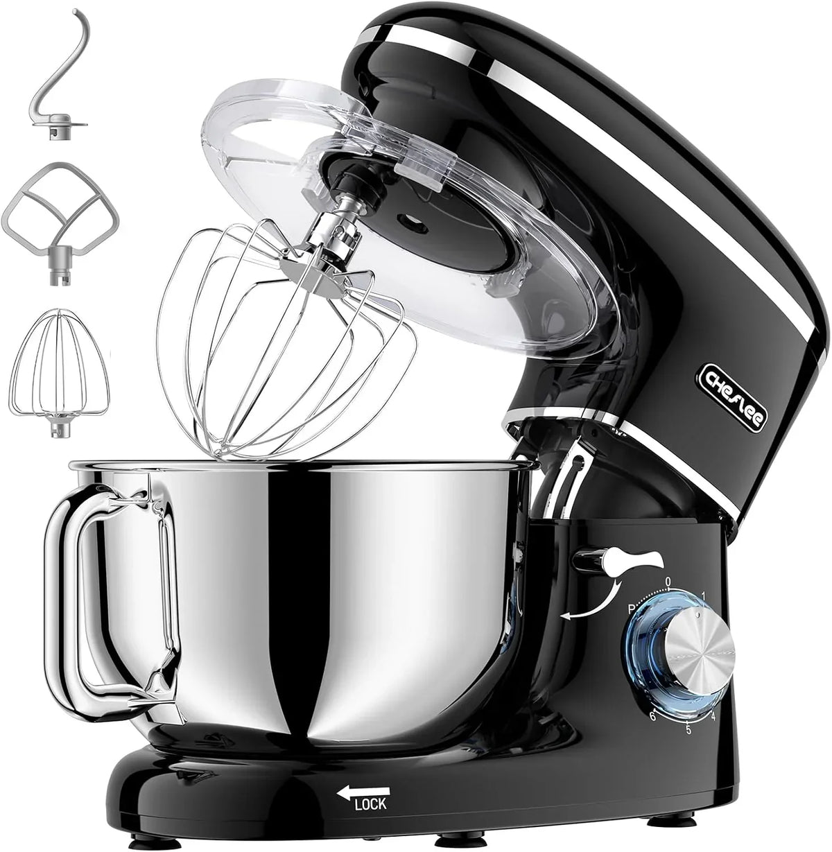 CHeflee Batidora Amasadora Profesional,2000W Amasadora Pan Repostería,6.2 L Bajo Ruido Robot de Cocina Multifunción,Gancho para Masa,Batidor Plano,Protección para Salpicaduras 6 Velocidades Batidora