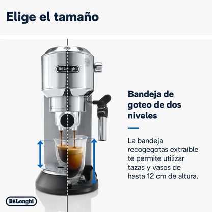 De'Longhi Dedica – Cafetera de Bomba de Acero Inoxidable para Café Molido o Monodosis, Espresso y Capuchino, Depósito de 1.3 Litros, Sistema Antigoteo, Modelo EC685.M, Color Metal