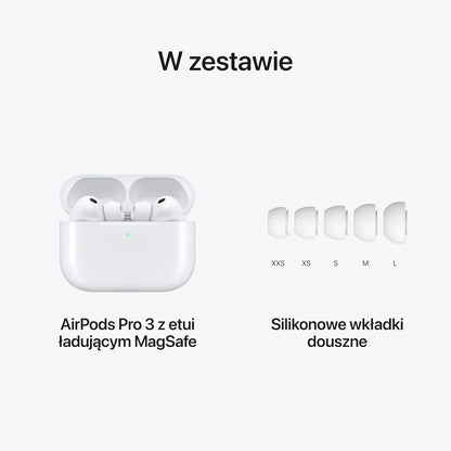 Apple AirPods Pro 3 Bezprzewodowe słuchawki, aktywna redukcja hałasu, pomiary tętna, funkcja aparatu słuchowego, Bluetooth, dźwięk przestrzenny, Hi-Fi, ładowanie przez USB-C