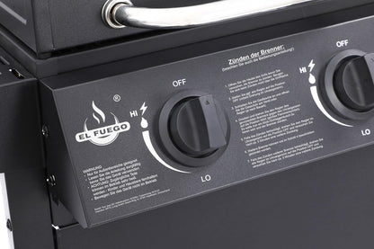 Grill gazowy "San Jose 2 palniki" firmy El Fuego®, w zestawie wąż gazowy i reduktor ciśnienia, ruszt do grillowania z żeliwa, z termometrem i dużymi półkami bocznymi, grill BBQ | AY0204