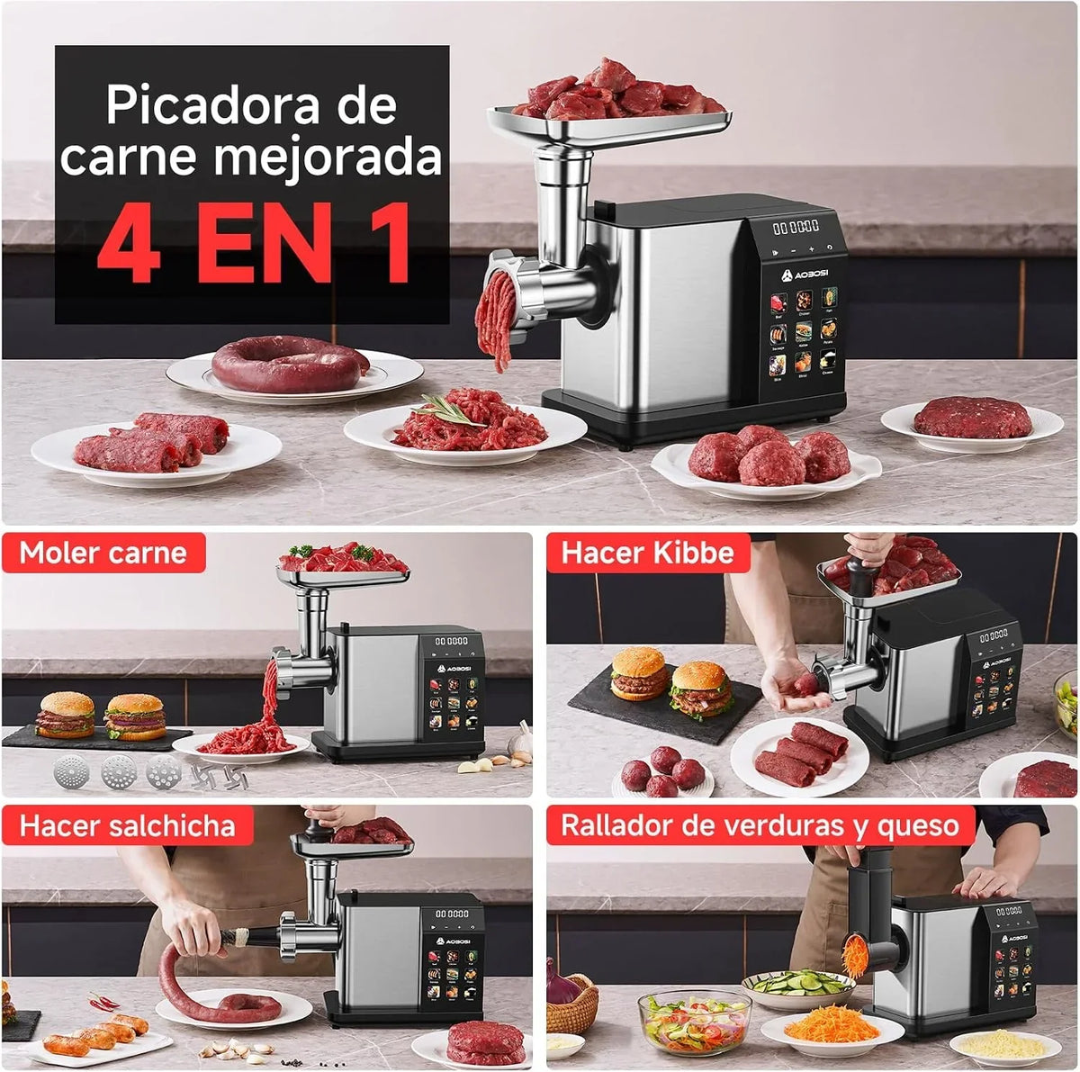 AAOBOSI Picadora De Carne Eléctrica [3000W Máx] - Con Pantalla LED y 9 Velocidades, Contenedor de Almacenamiento Incorporado - Incluye Accesorio de Rebanar, Embutidora y Kibbe - Para Uso Doméstico