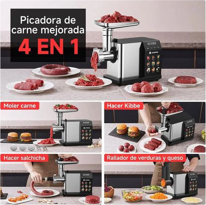 AAOBOSI Picadora De Carne Eléctrica [3000W Máx] - Con Pantalla LED y 9 Velocidades, Contenedor de Almacenamiento Incorporado - Incluye Accesorio de Rebanar, Embutidora y Kibbe - Para Uso Doméstico