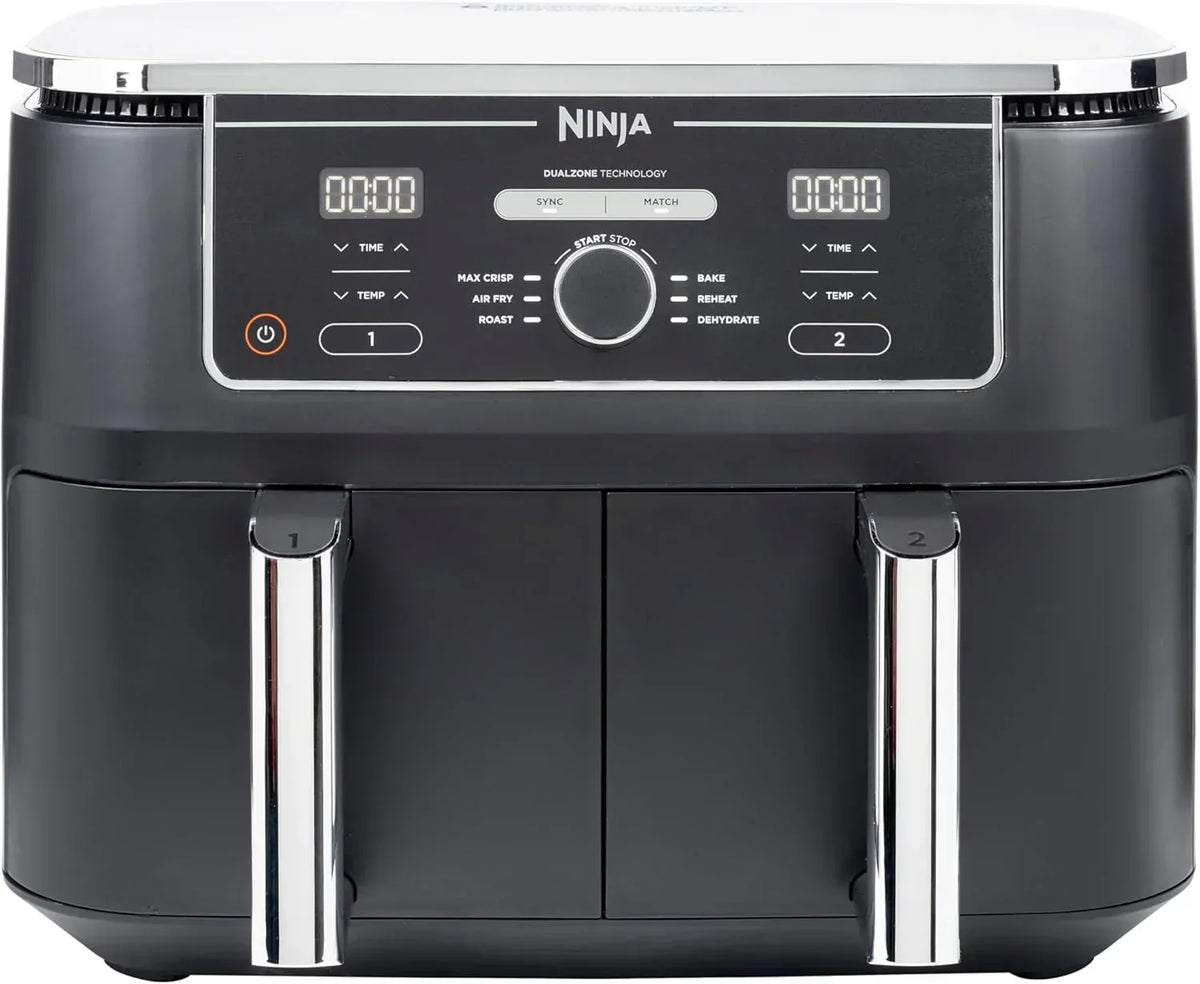 Ninja MAX Oil Free Double Compartment Air Fryer with 2 Drawers, 9.5 Litre, Oil Free, Air Fry, Max Crisp, Roast, Bake, Reheat, Dehydrate, Non-Stick Baskets, Gold Stone, DZ400EUSTGD