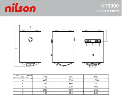 Nilson Electric Thermo Vertical 50 Litres NT5000. Vertical Installation, 1500W, Includes Mounting Kit, Stainless Steel Resistor, White, Energy Efficiency Class C