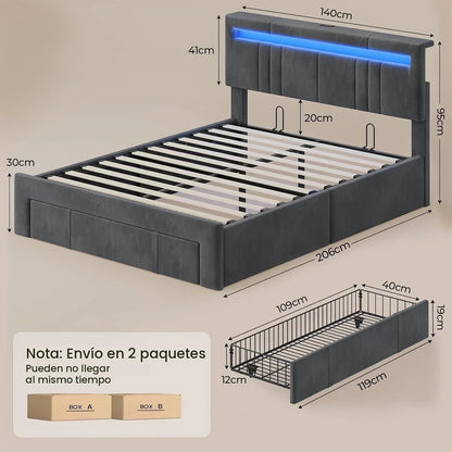 AGOLLATI Double Beds 140 x 200 cm with Hydraulic Storage, Upholstered Bed Frame with LED Youth Bed Canape with Charging Station Bed with Adjustable Headboard and Drawers Bed Frame Velvet