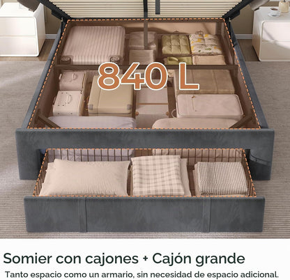 AGOLLATI Double Beds 140 x 200 cm with Hydraulic Storage, Upholstered Bed Frame with LED Youth Bed Canape with Charging Station Bed with Adjustable Headboard and Drawers Bed Frame Velvet