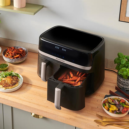 Russell Hobbs freidora de aire, freidora sin aceite, doble cesta 9 l, Air Fryer, ruido reducido, 9 programas, Rapid Air, máx. 200 °C, táctil, cestos aptos para lavavajillas, 2800 W, Satisfry 27681-56