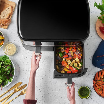 Russell Hobbs freidora de aire, freidora sin aceite, doble cesta 9 l, Air Fryer, ruido reducido, 9 programas, Rapid Air, máx. 200 °C, táctil, cestos aptos para lavavajillas, 2800 W, Satisfry 27681-56