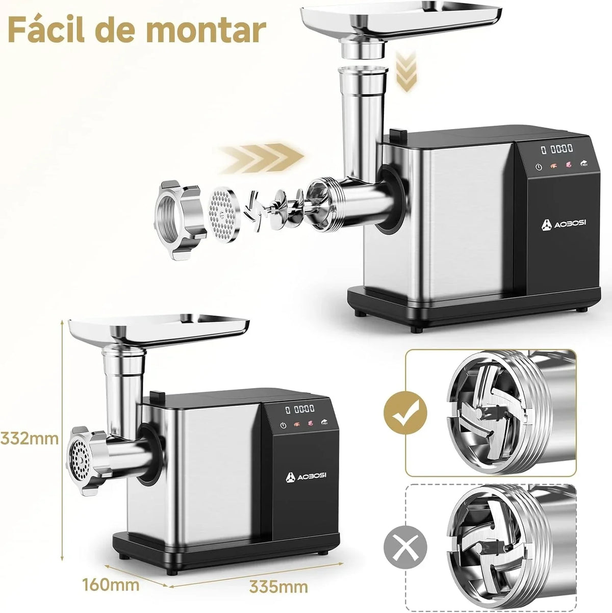 AAOBOSI Picadora De Carne Eléctrica [3000W MAX] Con Pantalla LED, 3 Velocidades, Picadora De Carne Con Sistema Anti-Atascos,Almacenamiento Integrado, Puede Hacer Salchichas & Kibbe, Ideal Para Hogar