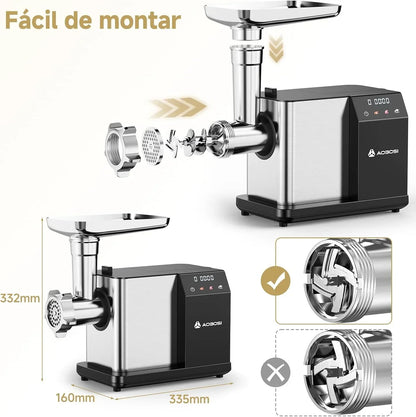 AAOBOSI Picadora De Carne Eléctrica [3000W MAX] Con Pantalla LED, 3 Velocidades, Picadora De Carne Con Sistema Anti-Atascos,Almacenamiento Integrado, Puede Hacer Salchichas & Kibbe, Ideal Para Hogar