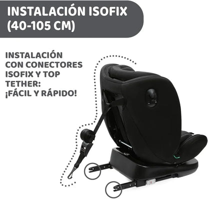 Chicco Unico EVO I'Size Classic, Silla de Coche ISOFIX para Bebés y Niños de 40 a 150 cm, Grupo 0123 Desde Recién Nacido hasta 12 Años, Giratoria 360º, Reductor, Ajustable y Protección Lateral, Negra