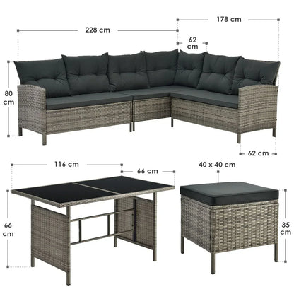 2025 Conjunto de jardín de resina trenzada Manacor negro con mesa, 2 pufs y cojines gris oscuro