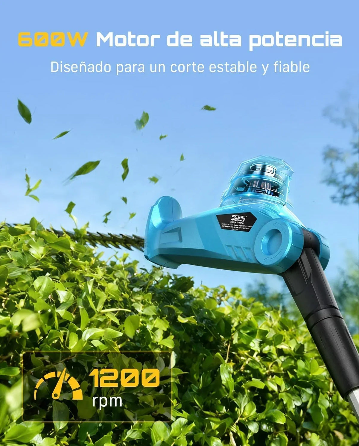 SEESII Cortasetos Telescópico Batería 20V, Cuchilla 50 cm, 2 Baterías 4,0Ah