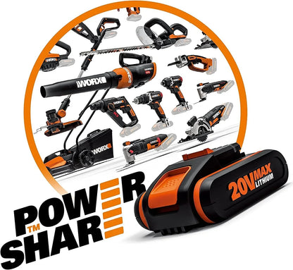 WORX WX500 Sierra de sable 20V PowerShare, Batería 2Ah, Control de velocidad variable, Cambio de cuchillas sin herramientas, Patín pivotante ajustable