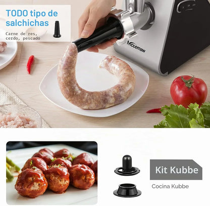 Nictemaw Picadora de carne eléctrica 5 en 1, multifunción, con 4 cuchillas y 3 placas de corte de acero inoxidable, para salchichas, otros accesorios para galletas, albóndigas, 2000 W máx