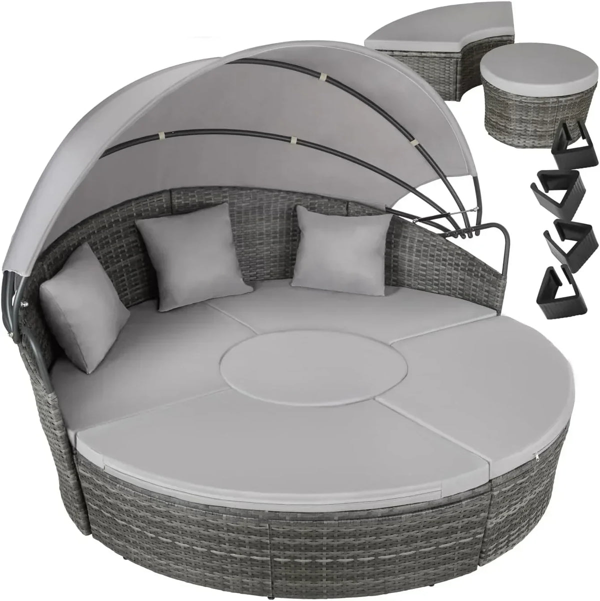 tectake Rattan Island with Cushions, Garden Set with Folding Sliding Awning, Outdoor Garden Furniture with Steel Frame and UV Resistant, Combinable Terrace Set – Beige