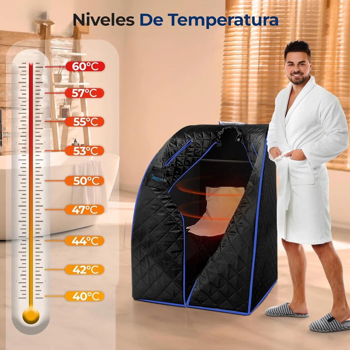 SereneLife sauna portátil, Infrarrojo, Para el hogar, Individual, Con almohadilla calefactora para los pies, Silla plegable