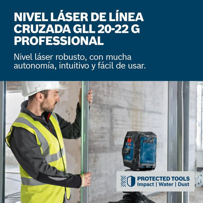 Bosch Professional Nivel láser GLL 20-22 G (soporte LB 10, láser verde, uso en interiores, doble fuente de alimentación, 2 pilas LR6 de 1,5 V, bolsa protectora, trípode BT 150)