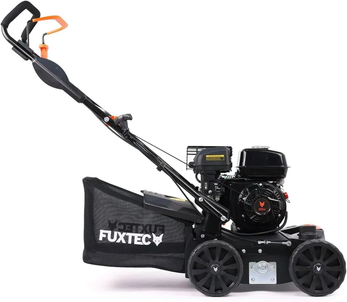 FUXTEC Escarificador Aireador de Gasolina 3 en 1 FX-BV240 Motor 4 Tiempos 4,1 kW, Rodillo con 18 Cuchillas y 24 púas de Resorte, asa de Transporte y recolector de 45 L