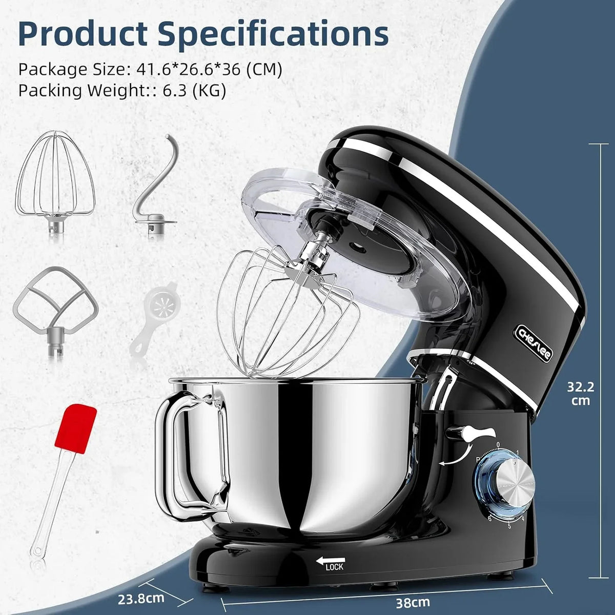 CHeflee Batidora Amasadora Profesional,2000W Amasadora Pan Repostería,6.2 L Bajo Ruido Robot de Cocina Multifunción,Gancho para Masa,Batidor Plano,Protección para Salpicaduras 6 Velocidades Batidora