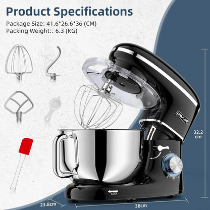 CHeflee Batidora Amasadora Profesional,2000W Amasadora Pan Repostería,6.2 L Bajo Ruido Robot de Cocina Multifunción,Gancho para Masa,Batidor Plano,Protección para Salpicaduras 6 Velocidades Batidora