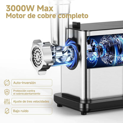 AAOBOSI Picadora De Carne Eléctrica [3000W MAX] Con Pantalla LED, 3 Velocidades, Picadora De Carne Con Sistema Anti-Atascos,Almacenamiento Integrado, Puede Hacer Salchichas & Kibbe, Ideal Para Hogar
