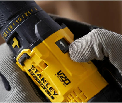 STANLEY FATMAX SFMCD711DSA-QW - Taladro Percutor 18V, Gama V20, 2 velocidades, Luz LED, Incl. juego de brocas y 50 piezas, 2 baterías recargables de 2,0 Ah, cargador y bolsa de herramientas