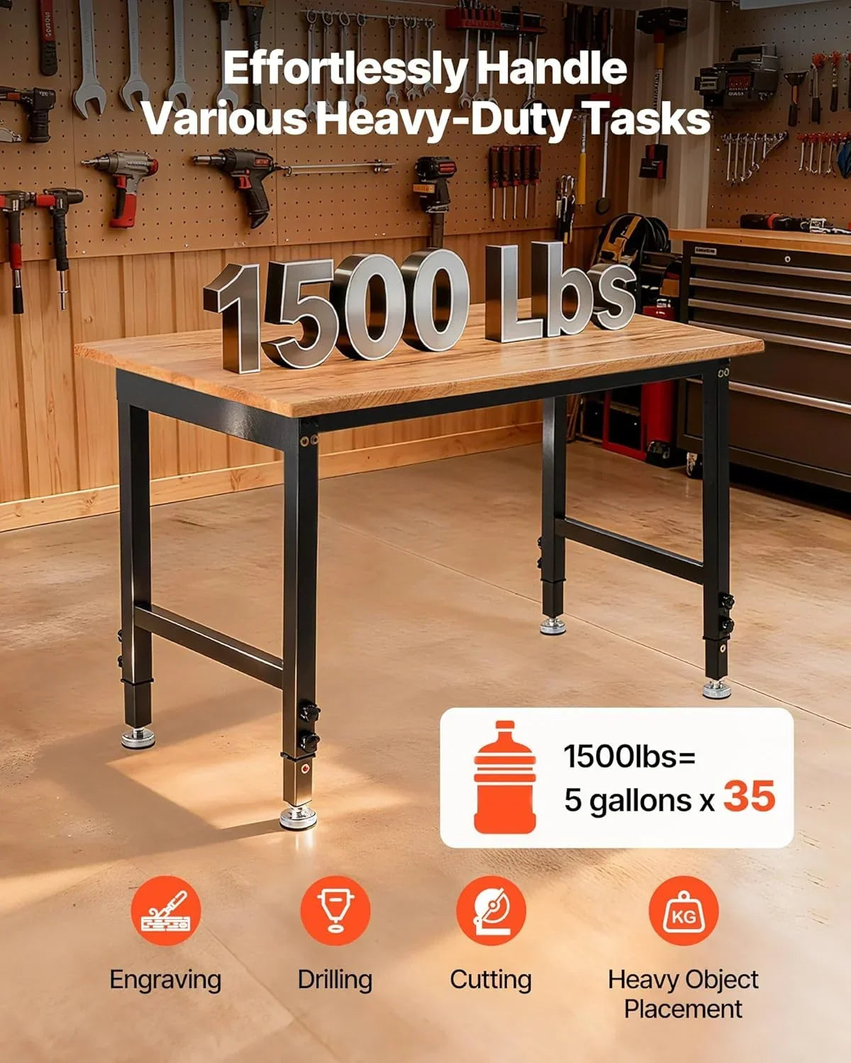 VEVOR Banco de Trabajo 122 x 60 cm, Mesa de Taller Altura Ajustable de 8 Niveles de 67-102 cm, Carga de 680 kg, Mesa de Madera Grosor del Tablero de 2 cm Marco de Metal para Oficina, Garaje, Hogar