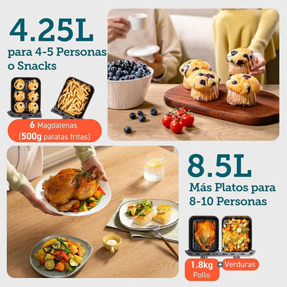 Cosori Freidora de Aire 8,5L, Doble Cesta con Ventana, 10 Funciones, Oro