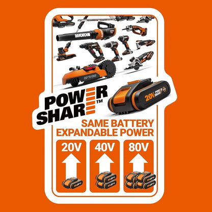 WORX WG585E Soplador de Hojas 40V Máx. (2x20V) Motor sin escobillas, Incluye 2 baterías de 4Ah y Cargador Doble,Tecnología de amplificación de Aire