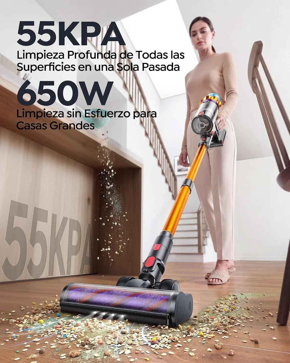 Fieety Aspiradora sin Cable 55KPa/650W/80Mins, Escoba Aspiradora de 1.8L, Modo Auto, Manguera 1.5M, Pantalla LED, Aromática, Autoportante, Cepillo Anti-Enredo con Luz, para Suelos/Alfombras/Pelo