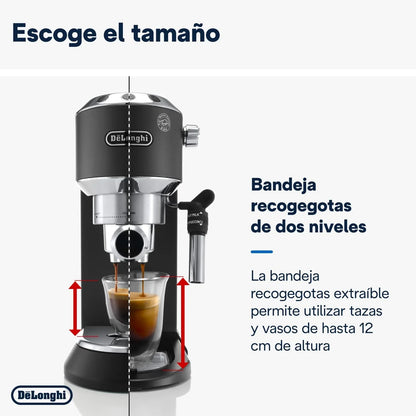 De'Longhi Dedica – Cafetera de Bomba de Acero Inoxidable para Café Molido o Monodosis, Espresso y Capuchino, Depósito de 1.3 Litros, Sistema Antigoteo, Modelo EC685.M, Color Metal