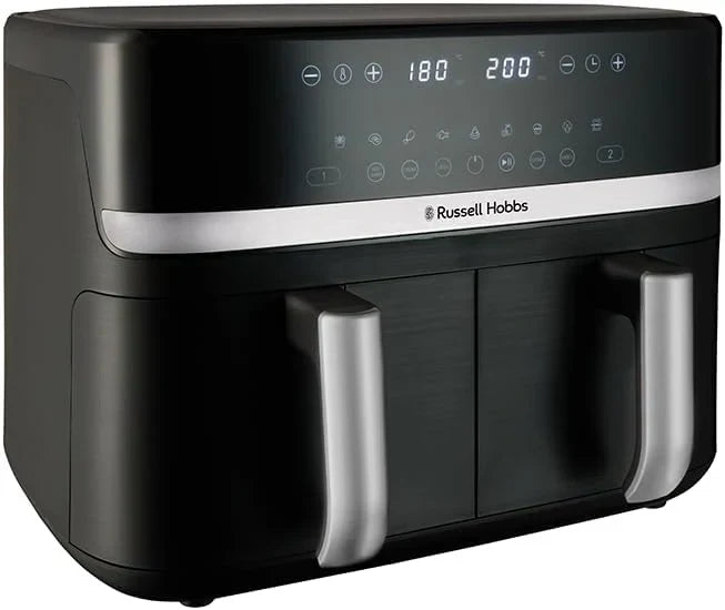 Russell Hobbs freidora de aire, freidora sin aceite, doble cesta 9 l, Air Fryer, ruido reducido, 9 programas, Rapid Air, máx. 200 °C, táctil, cestos aptos para lavavajillas, 2800 W, Satisfry 27681-56