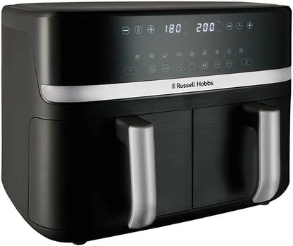 Russell Hobbs freidora de aire, freidora sin aceite, doble cesta 9 l, Air Fryer, ruido reducido, 9 programas, Rapid Air, máx. 200 °C, táctil, cestos aptos para lavavajillas, 2800 W, Satisfry 27681-56