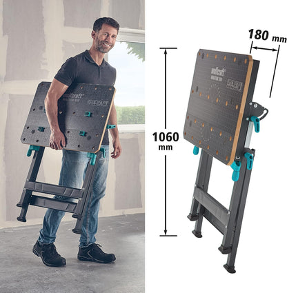 wolfcraft Mesa de Trabajo y sujeción Master 650 Ergo I 6870000 I La Mesa de sujeción de Altura Ajustable y portátil Que Permite Trabajar de Manera Flexible en Todos Tus proyectos