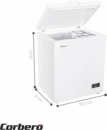 Corbero - Congelador Arcón 142L | CCHH15024E | Control Electrónico con Display | Luz LED | Tirador | 1 Cesta Interior | 2 Ruedas | 2 Patas Ajustables | 40 Db | Eficiencia Energética E | Blanco