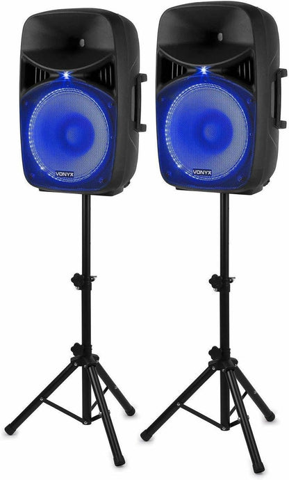 Vonyx VPS152A Powered Speakers Pack of 2 1000W Portable Active/Passive Bluetooth Speakers, 15 Inch, Wired Microphone, Remote Control, Tripods, MP3 Player with USB/SD, LEDs