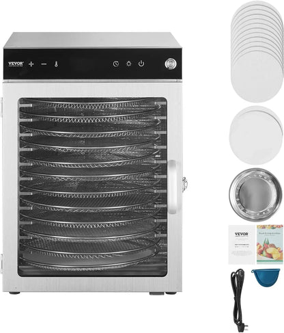 VEVOR Deshidratador de Alimentos 12 Bandejas de Acero Inoxidable Secador de Alimentos Eléctrico 800 W con Temperatura Ajustable y Temporizador de 24 Horas para Cecina, Frutas, Verduras, Hierbas
