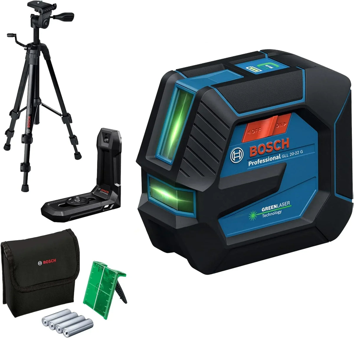 Bosch Professional Nivel láser GLL 20-22 G (soporte LB 10, láser verde, uso en interiores, doble fuente de alimentación, 2 pilas LR6 de 1,5 V, bolsa protectora, trípode BT 150)
