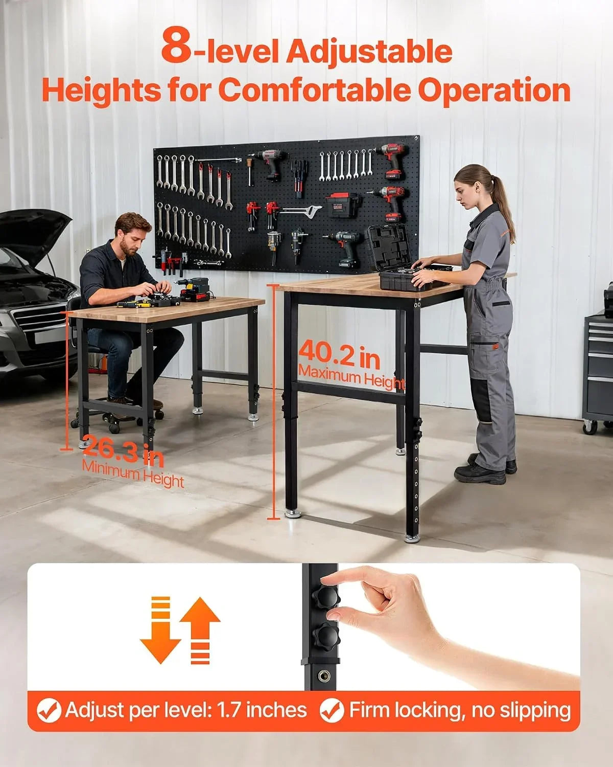 VEVOR Banco de Trabajo 122 x 60 cm, Mesa de Taller Altura Ajustable de 8 Niveles de 67-102 cm, Carga de 680 kg, Mesa de Madera Grosor del Tablero de 2 cm Marco de Metal para Oficina, Garaje, Hogar