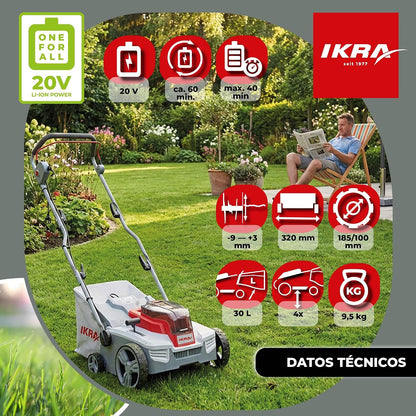 IKRA escarificador y aireador a batería 3 en 1 IAVL 2-2032, Ancho 32 cm