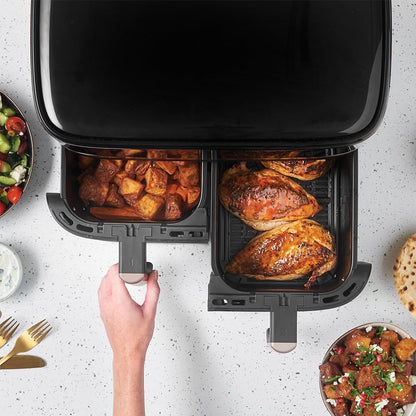 Russell Hobbs freidora de aire, freidora sin aceite, doble cesta 9 l, Air Fryer, ruido reducido, 9 programas, Rapid Air, máx. 200 °C, táctil, cestos aptos para lavavajillas, 2800 W, Satisfry 27681-56